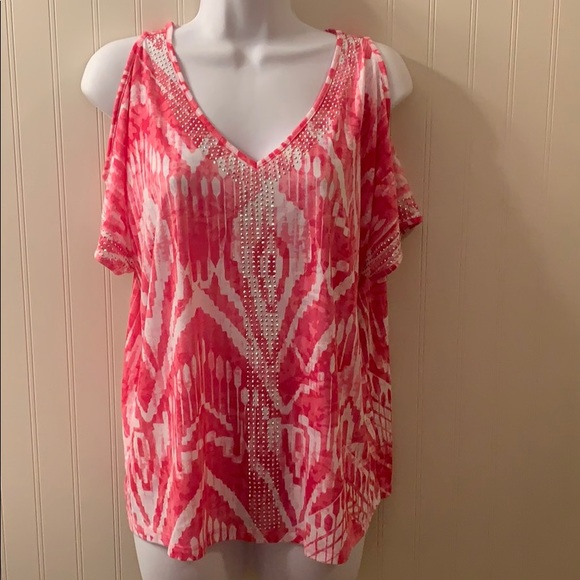 INC Cold Shoulder Pink and White Beaded Top Size PXL - Picture 1 of 8